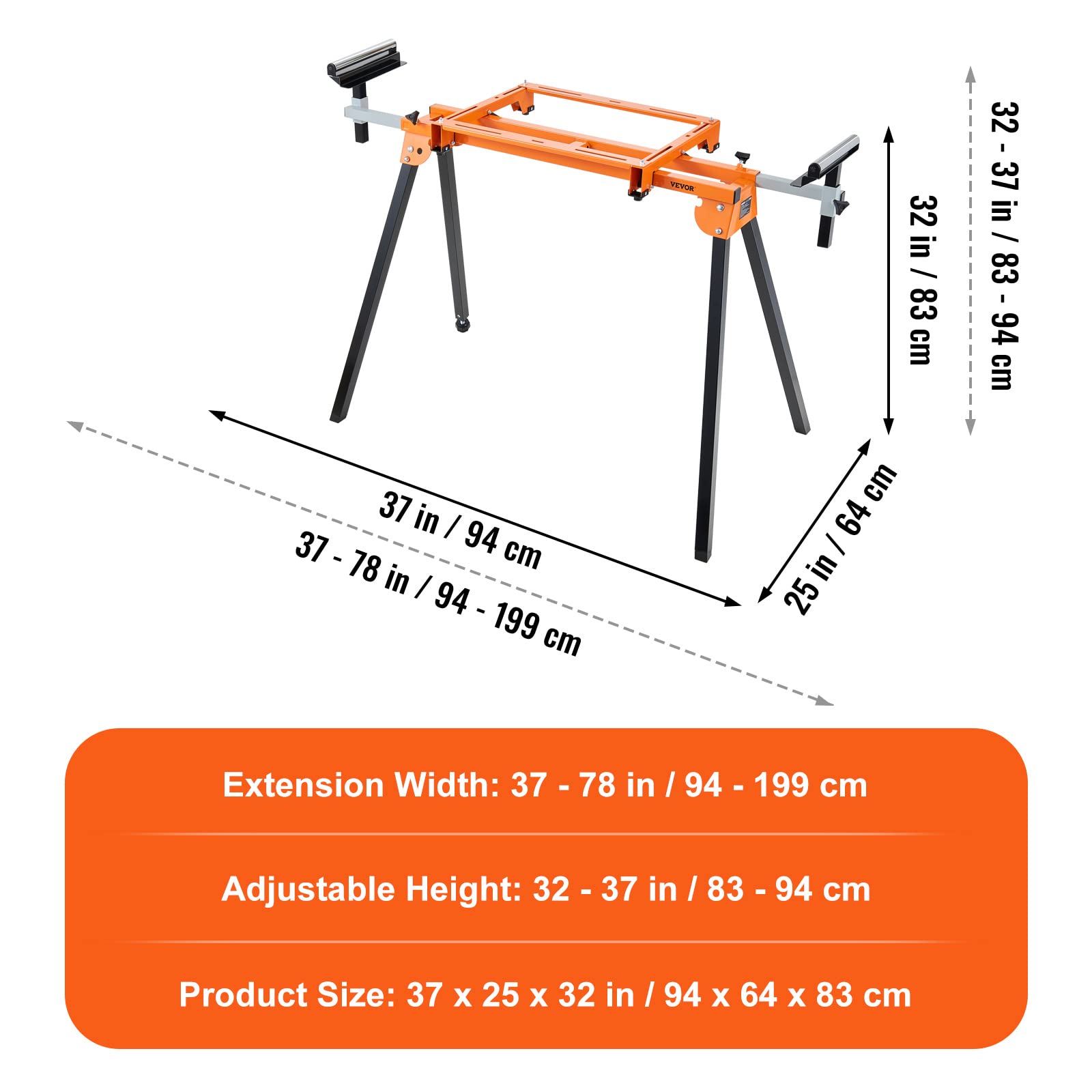 VEVOR Miter Saw Stand, 79in Collapsible Rolling Miter Saw Stand with One-piece Mounting Brackets Clamps Rollers, Heavy Duty Folding Miter Saw Stand with Sliding Rail, 330lbs Load Capacity