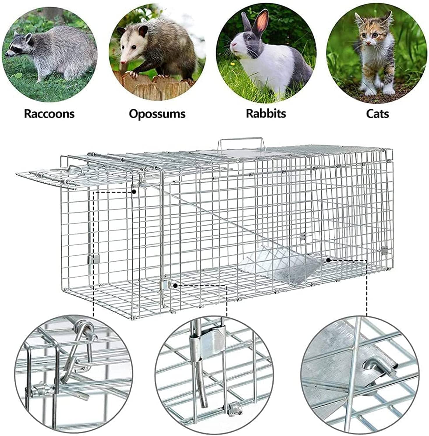 Large Animal Trap for Adult Cat, Rabbit Groundhog Squirrel Raccoon Mole Gopher Chicken Opossum Skunk Chipmunk, 32inch Live Traps for Animals Outdoor Indoor Collapsible Steel Release Animal Cage