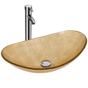 yourlite bathroom sink,boat shape bathroom glass vessel sink with faucet and pop-up drain bowl vessel sinks for bathrooms, gold