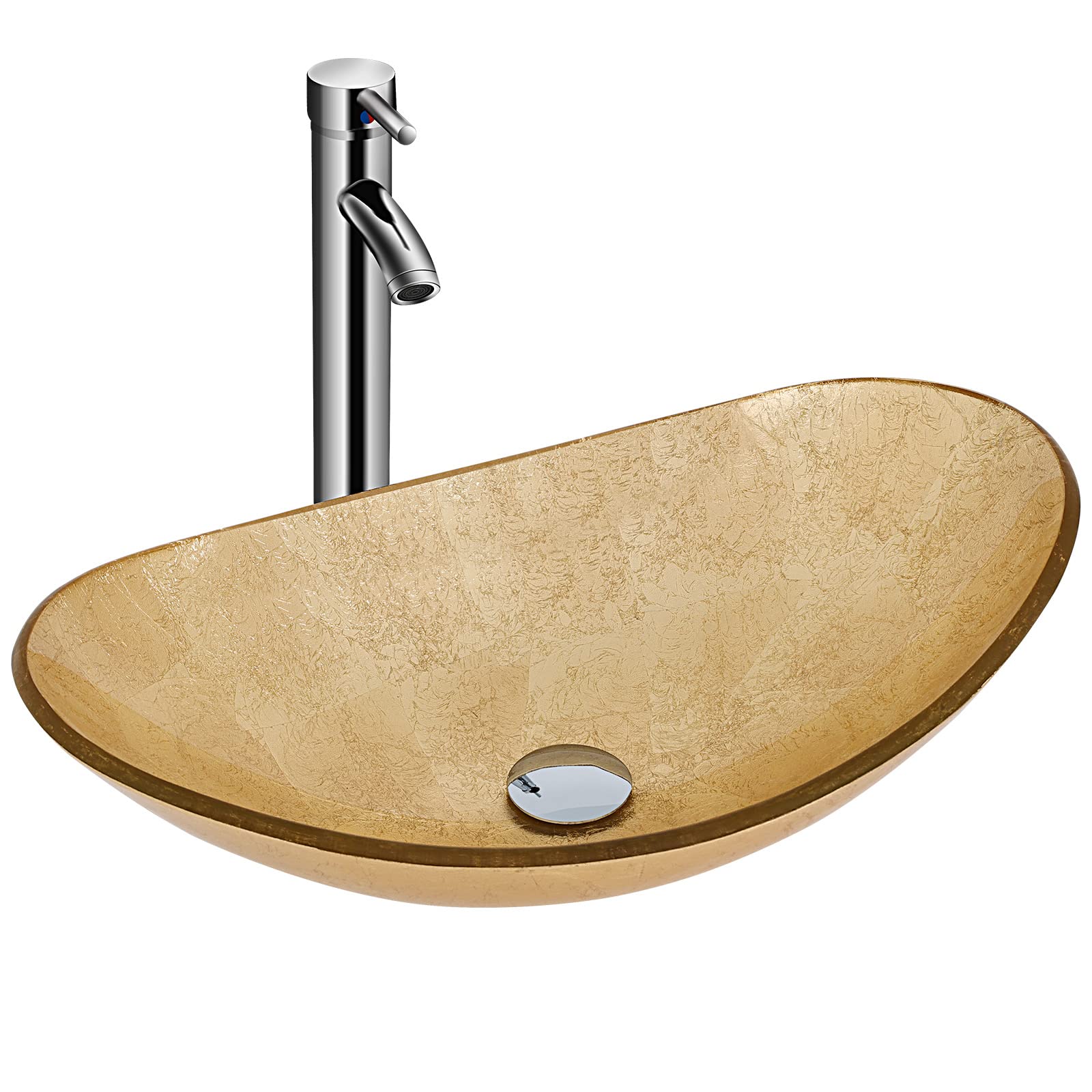 YOURLITE Bathroom Sink,Boat Shape Bathroom Glass Vessel Sink with Faucet and Pop-Up Drain Bowl Vessel Sinks for Bathrooms, Gold