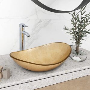 YOURLITE Bathroom Sink,Boat Shape Bathroom Glass Vessel Sink with Faucet and Pop-Up Drain Bowl Vessel Sinks for Bathrooms, Gold