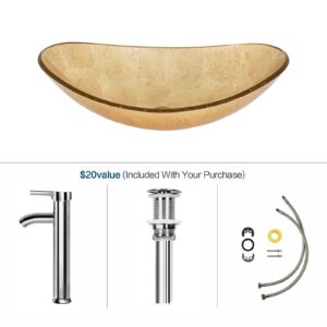 YOURLITE Bathroom Sink,Boat Shape Bathroom Glass Vessel Sink with Faucet and Pop-Up Drain Bowl Vessel Sinks for Bathrooms, Gold