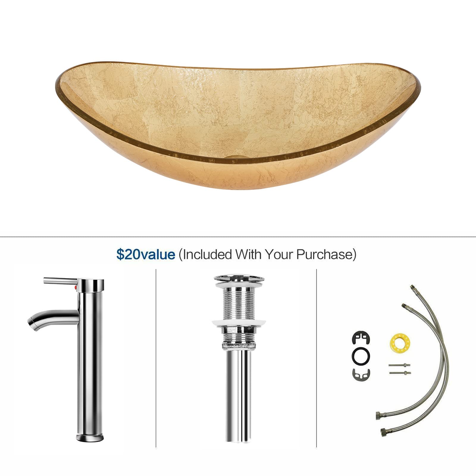 YOURLITE Bathroom Sink,Boat Shape Bathroom Glass Vessel Sink with Faucet and Pop-Up Drain Bowl Vessel Sinks for Bathrooms, Gold