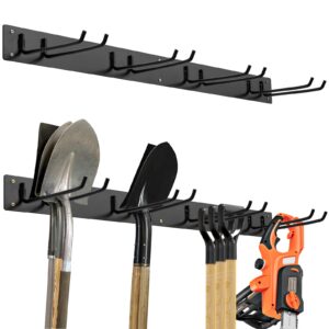 nightcore garage tool storage rack, wall mounted storage organizer w/4 double layer hooks, heavy-duty powder-coated garden tool hanger for rake, shovel, ski, broom, chair