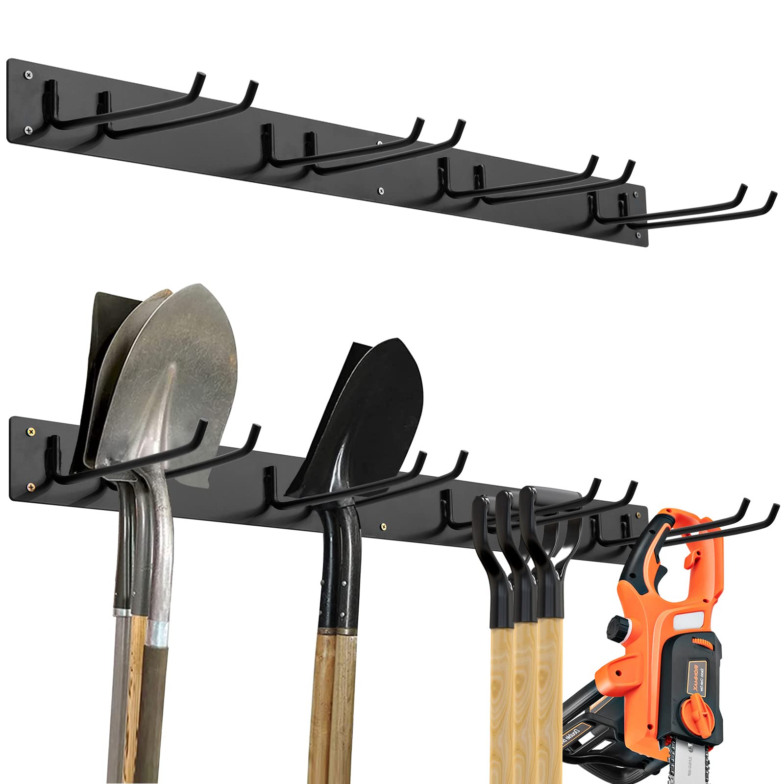 Nightcore Garage Tool Storage Rack, Wall Mounted Storage Organizer w/4 Double Layer Hooks, Heavy-duty Powder-coated Garden Tool Hanger for Rake, Shovel, Ski, Broom, Chair