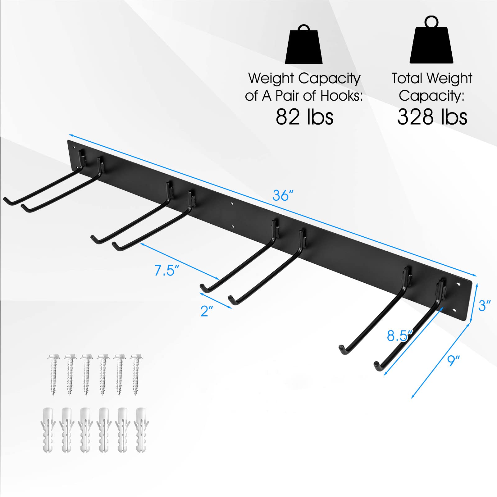 Nightcore Garage Tool Storage Rack, Wall Mounted Storage Organizer w/4 Double Layer Hooks, Heavy-duty Powder-coated Garden Tool Hanger for Rake, Shovel, Ski, Broom, Chair