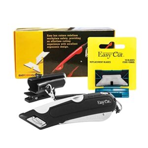 easyboxcutter, easy cut 1000 white cutter with 10 ct standard replacement extra tape cutter at back, dual side edge guide, 3 blade depth setting