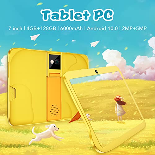 Naroote 7in Kids Tablet, 100-240V Tablet Front 2MP Rear 5MP 2.4G 5G Dual Band Octa Core Processor for Study for Android 10 (Yellow)