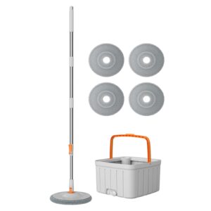 ＫＬＫＣＭＳ rotatable round flat floor mop bucket set rotating mop durable telescopic mop handle extends from 102cm to 128cm for hardwood professional, with 4 pads