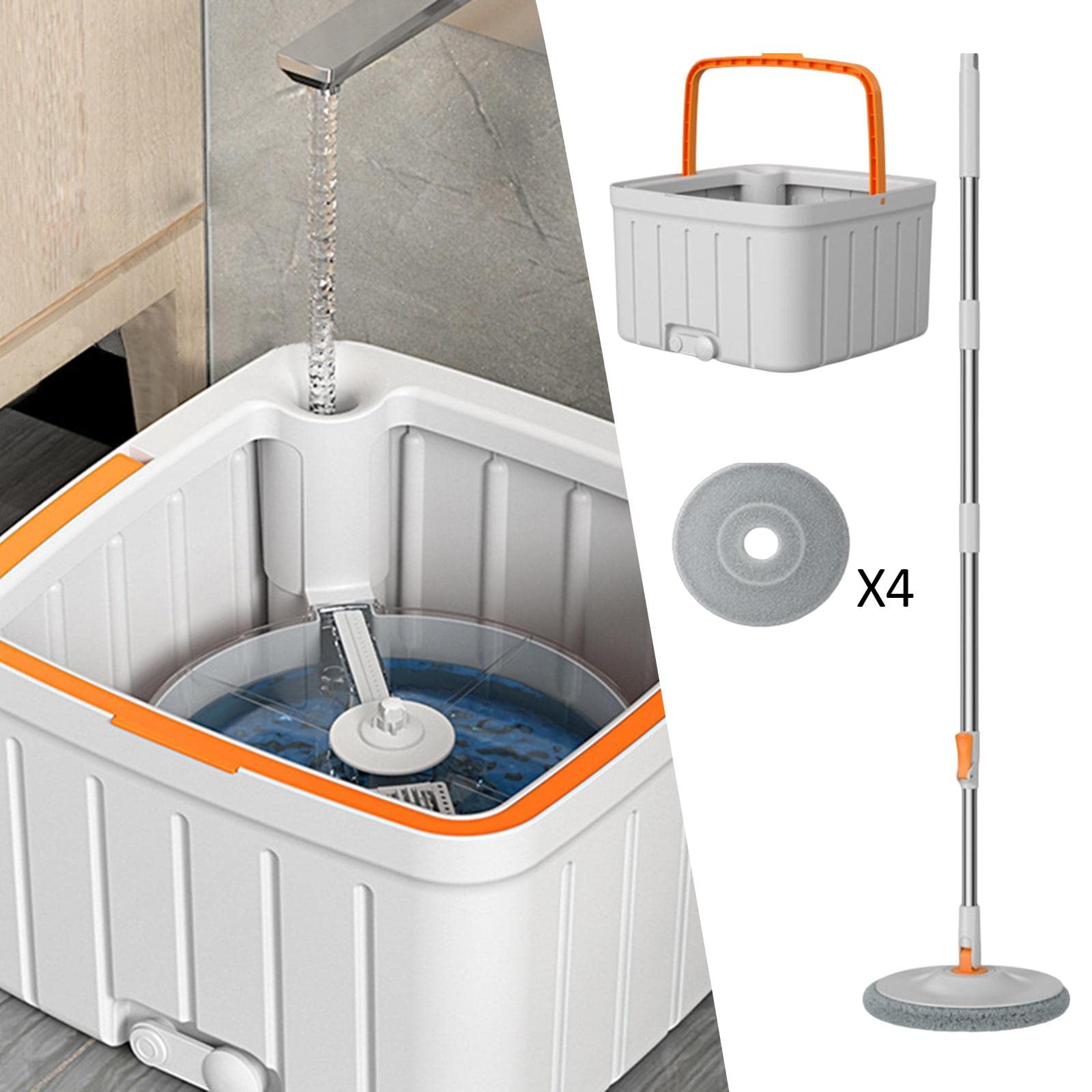 ＫＬＫＣＭＳ Rotatable Round Flat Floor Mop Bucket Set Rotating Mop Durable Telescopic Mop Handle Extends from 102cm to 128cm for Hardwood Professional, with 4 Pads