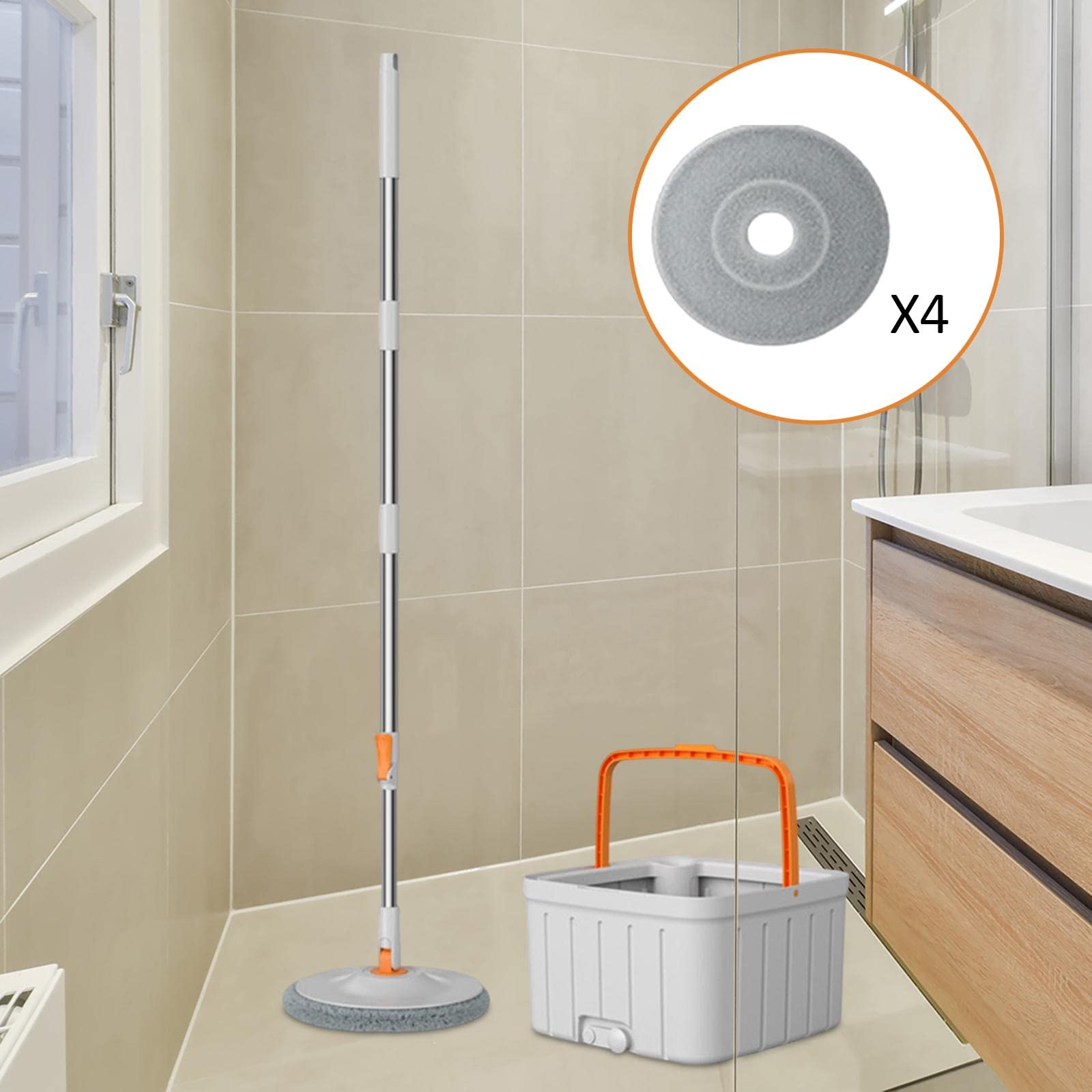 ＫＬＫＣＭＳ Rotatable Round Flat Floor Mop Bucket Set Rotating Mop Durable Telescopic Mop Handle Extends from 102cm to 128cm for Hardwood Professional, with 4 Pads