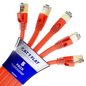 Cat 7 Ethernet Cable 15 ft - with a Flat, Space-Saving Design High-Speed Internet & Network LAN Patch Cable, RJ45 Connectors - 15ft / Orange / 5 Pack - Perfect for Gaming, Streaming, and More