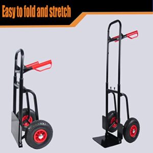 Dolly Cart, 10" Rubber Wheels Heavy Duty Manual Truck with Double Handles Hand Truck Steel Trolley Lifting 330 lb for Moving/Warehouse/Garden/Grocery - Black+Red