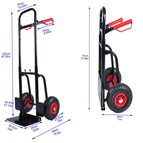 Dolly Cart, 10" Rubber Wheels Heavy Duty Manual Truck with Double Handles Hand Truck Steel Trolley Lifting 330 lb for Moving/Warehouse/Garden/Grocery - Black+Red