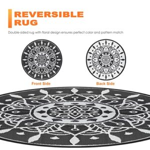 NUU GARDEN 5Ft Round Outdoor Rug for Patios Waterproof, Plaid Reversible Door Mat Plastic Camping Rugs, Straw Rug Indoor Rugs Carpet for RV, Deck, Balcony, Porch, Picnic, Beach, Black/White