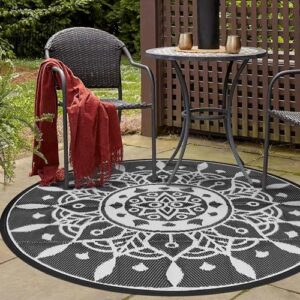 NUU GARDEN 5Ft Round Outdoor Rug for Patios Waterproof, Plaid Reversible Door Mat Plastic Camping Rugs, Straw Rug Indoor Rugs Carpet for RV, Deck, Balcony, Porch, Picnic, Beach, Black/White