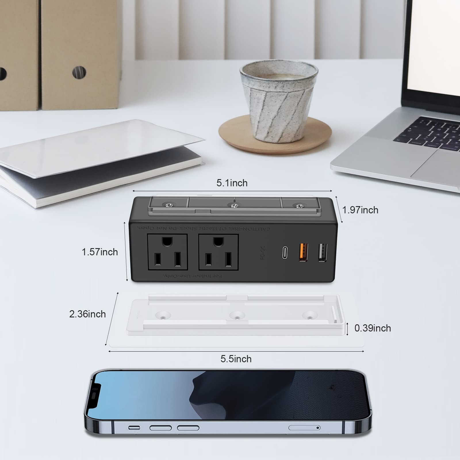 Under Desk Power Strip with PD20W USB-C QC18W USB-A,Ultra Thin Flat Plug Power Strip Surge Protector 1200J,Adhesive or Screw Wall Mount Power Strip,2 Outlets,1 USB-C,2 USB-A,6FT 18AWG Extension Cord