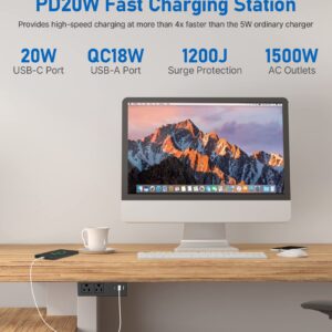 Under Desk Power Strip with PD20W USB-C QC18W USB-A,Ultra Thin Flat Plug Power Strip Surge Protector 1200J,Adhesive or Screw Wall Mount Power Strip,2 Outlets,1 USB-C,2 USB-A,6FT 18AWG Extension Cord