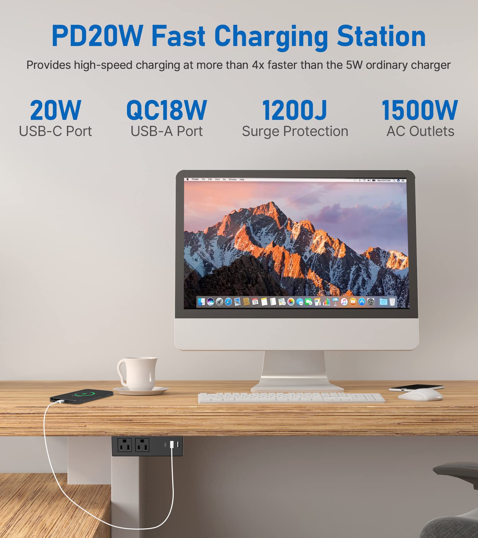 Under Desk Power Strip with PD20W USB-C QC18W USB-A,Ultra Thin Flat Plug Power Strip Surge Protector 1200J,Adhesive or Screw Wall Mount Power Strip,2 Outlets,1 USB-C,2 USB-A,6FT 18AWG Extension Cord