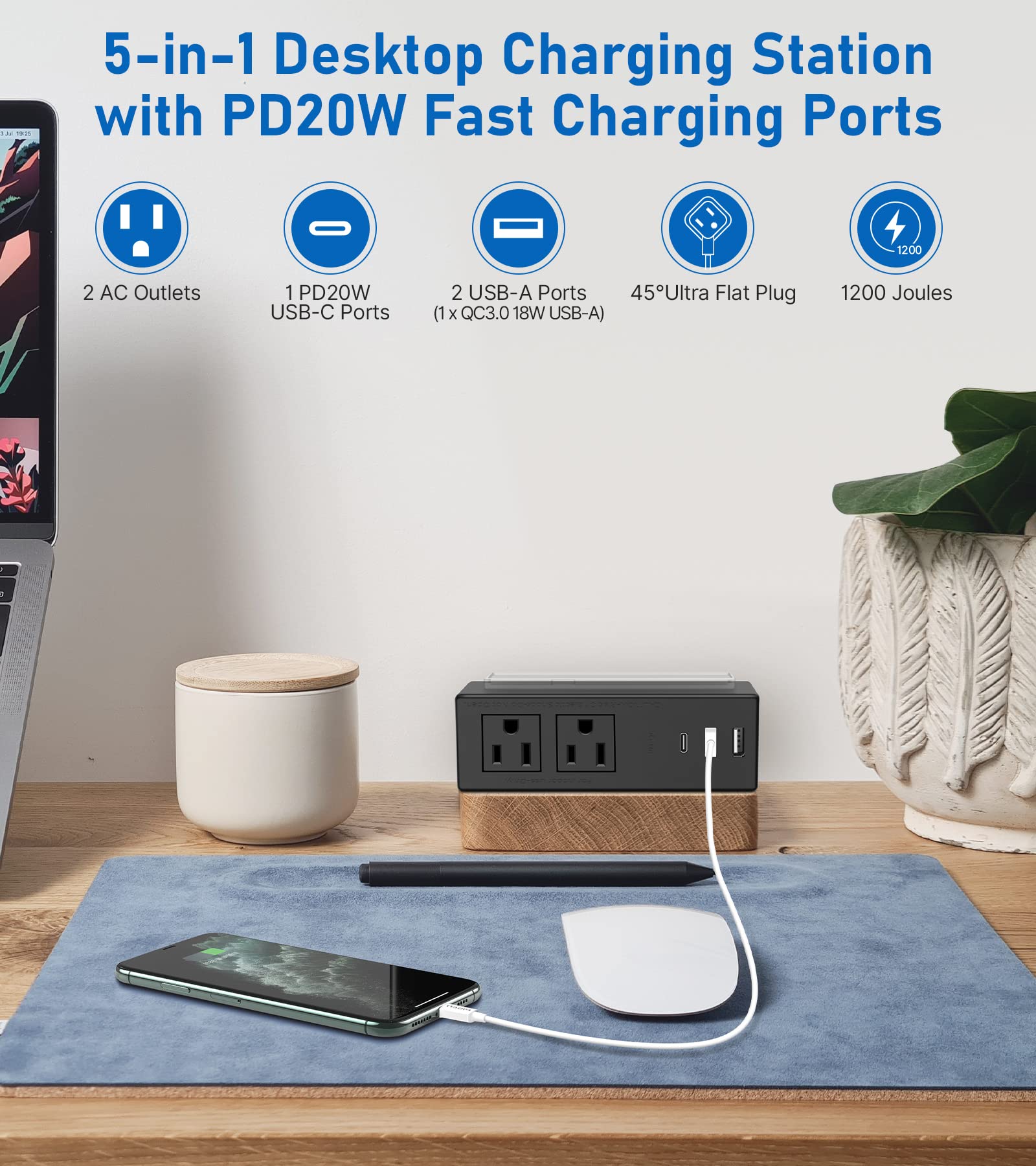 Under Desk Power Strip with PD20W USB-C QC18W USB-A,Ultra Thin Flat Plug Power Strip Surge Protector 1200J,Adhesive or Screw Wall Mount Power Strip,2 Outlets,1 USB-C,2 USB-A,6FT 18AWG Extension Cord