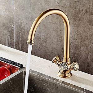 Retro Kitchen Vanity Sink Tap Deck Mounted Antique Brass Double Hot and Cold Water Single Spout Faucet