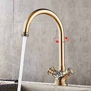 Retro Kitchen Vanity Sink Tap Deck Mounted Antique Brass Double Hot and Cold Water Single Spout Faucet