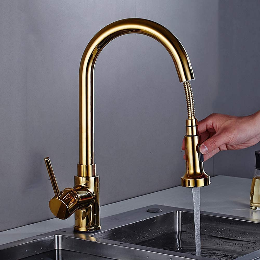 Extendable Kitchen Faucet Gold Faucet Kitchen with Pull-Out Spray Shower Sink Mixer Single Lever Mixer Tap Sink Mixer 360°°Swivel Made of Brass