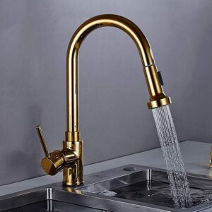 Extendable Kitchen Faucet Gold Faucet Kitchen with Pull-Out Spray Shower Sink Mixer Single Lever Mixer Tap Sink Mixer 360°°Swivel Made of Brass