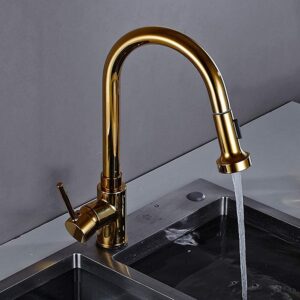 Extendable Kitchen Faucet Gold Faucet Kitchen with Pull-Out Spray Shower Sink Mixer Single Lever Mixer Tap Sink Mixer 360°°Swivel Made of Brass