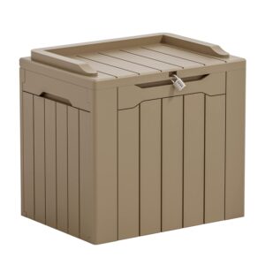 greesum 31 gallon resin deck box large outdoor storage for patio furniture, garden tools, pool supplies, weatherproof and uv resistant, lockable, light coffee
