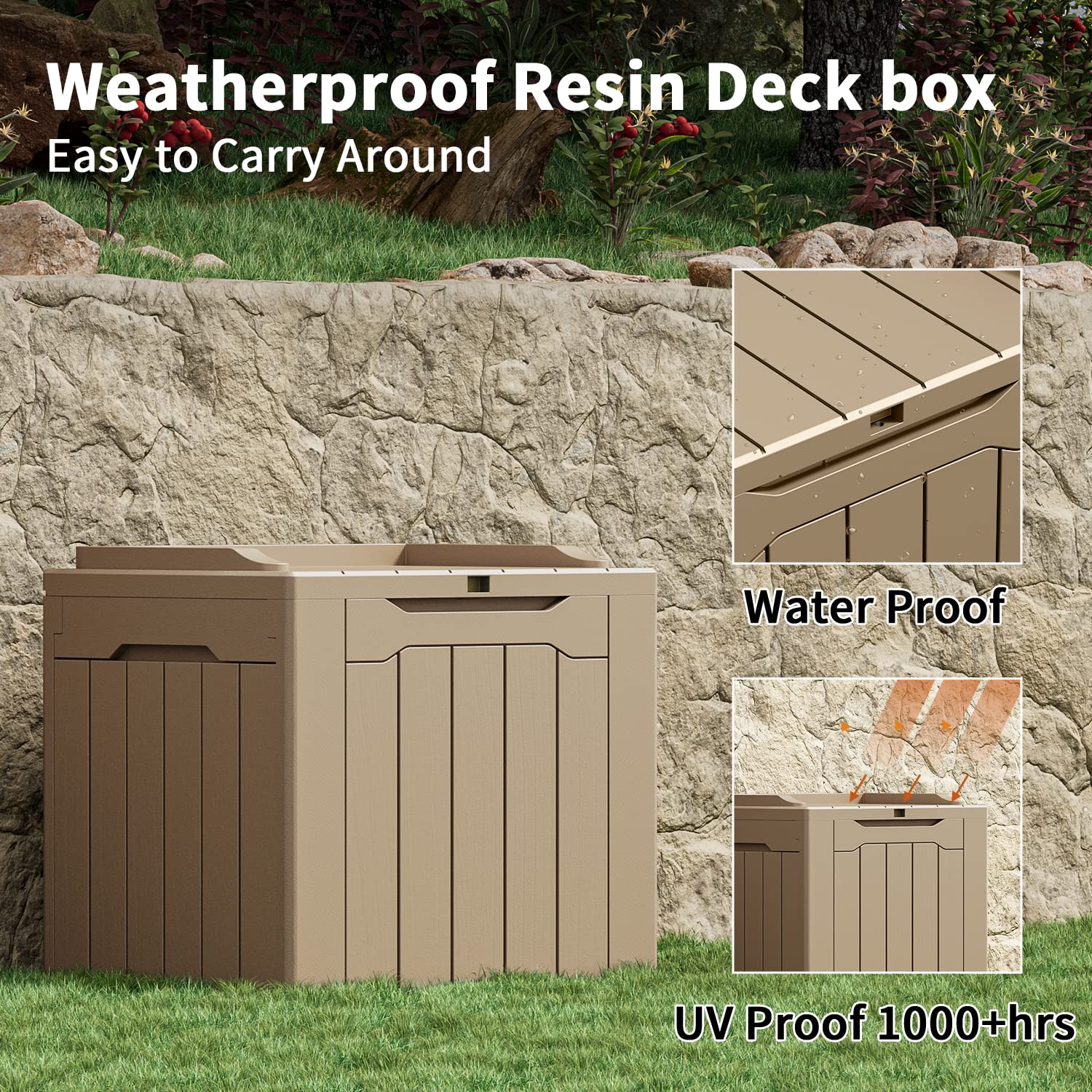 Greesum 31 Gallon Resin Deck Box Large Outdoor Storage for Patio Furniture, Garden Tools, Pool Supplies, Weatherproof and UV Resistant, Lockable, Light Coffee