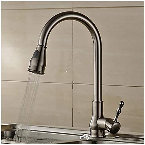 Kitchen Sink Faucet with Pull Out Sprayer, 2-Function Spray & Bubbler Brass Basin Mixer Tap Vanity Faucet Single Handle Cold and Hot Water Deck Mounted Kitchen Sink Taps,Brush Nick