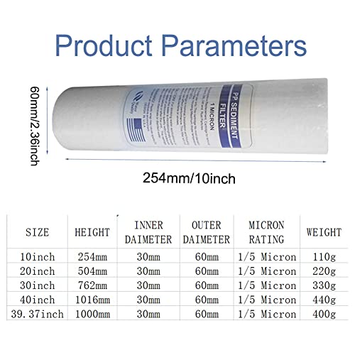 1/5 Micron Whole House Water Filter Cartridge, Sediment Water Filter Replacement Cartridge PP Cotton Filter for Reverse Osmosis Water Filter System Under Sink Well Water,40inch/5 micron,1pcs