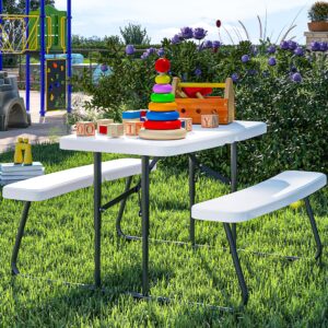 dwvo 37" picnic table, folding picnic tables for outdoors with weather resistant resin tabletop & stable steel frame for yard patio lawn party, white