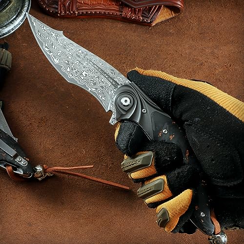 ALVELY handmade Folding Pocket Knife，Japanese Damascus steel 3.9in blade Men's folding knife，with Pocket Clip Leather Sheath，liner lock， Carbon Fiber Handle，fit EDC Outdoor camping Survival，gift