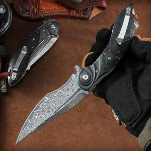 ALVELY handmade Folding Pocket Knife，Japanese Damascus steel 3.9in blade Men's folding knife，with Pocket Clip Leather Sheath，liner lock， Carbon Fiber Handle，fit EDC Outdoor camping Survival，gift