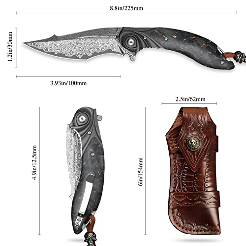 ALVELY handmade Folding Pocket Knife，Japanese Damascus steel 3.9in blade Men's folding knife，with Pocket Clip Leather Sheath，liner lock， Carbon Fiber Handle，fit EDC Outdoor camping Survival，gift