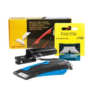 easyboxcutter, easy cut 1000 blue cutter with 10 ct standard replacement extra tape cutter at back, dual side edge guide, 3 blade depth setting