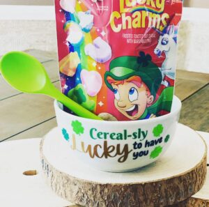 cereal-sly lucky to have you cereal bowl. kids st. patrick’s day ideas. st. patrick’s day gifts for kids. st. patty’s day breakfast. (bowl/spoon/cereal)