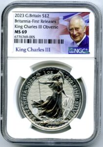 2023 gb s2£ great britain britannia king charles iii obverse first releases label two pounds ngc ms 69