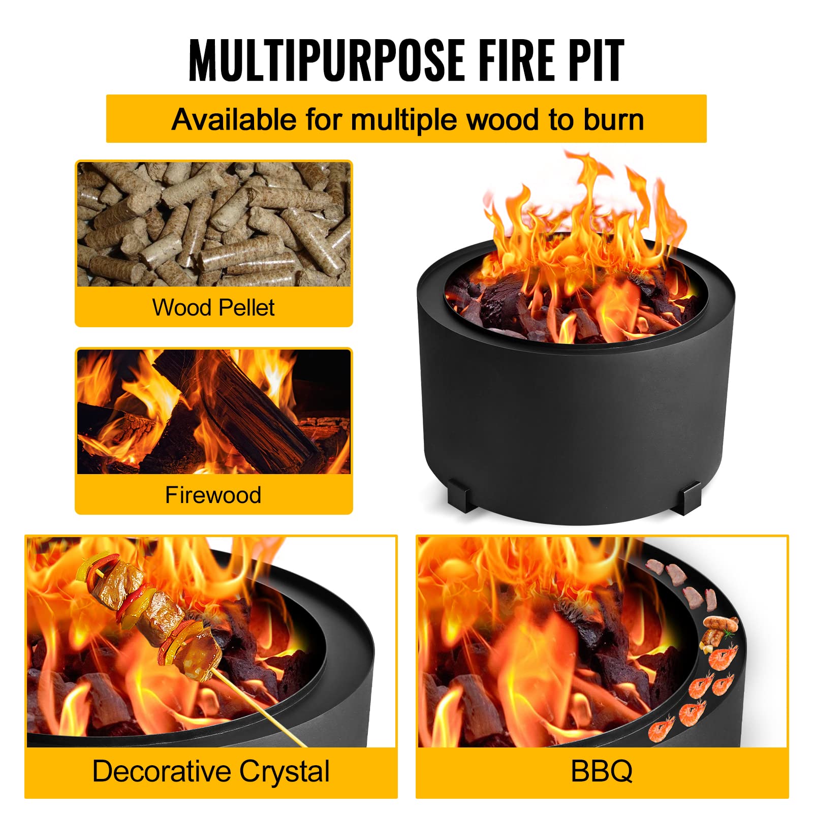 Smokeless Fire Pits Large Wood Burning Fire Pit Carbon Steel Stove Bonfire Fire Pit Portable Outdoor Fire Bowl for Picnic Camping Backyard (23.6 Inch)