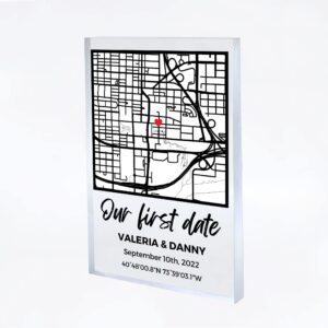 our first date valentines day map plaque - couple map, gift for her, acrylic plaque couple gift, custom locaiton, valentines day gift, couples gift, gifts for wife and husband