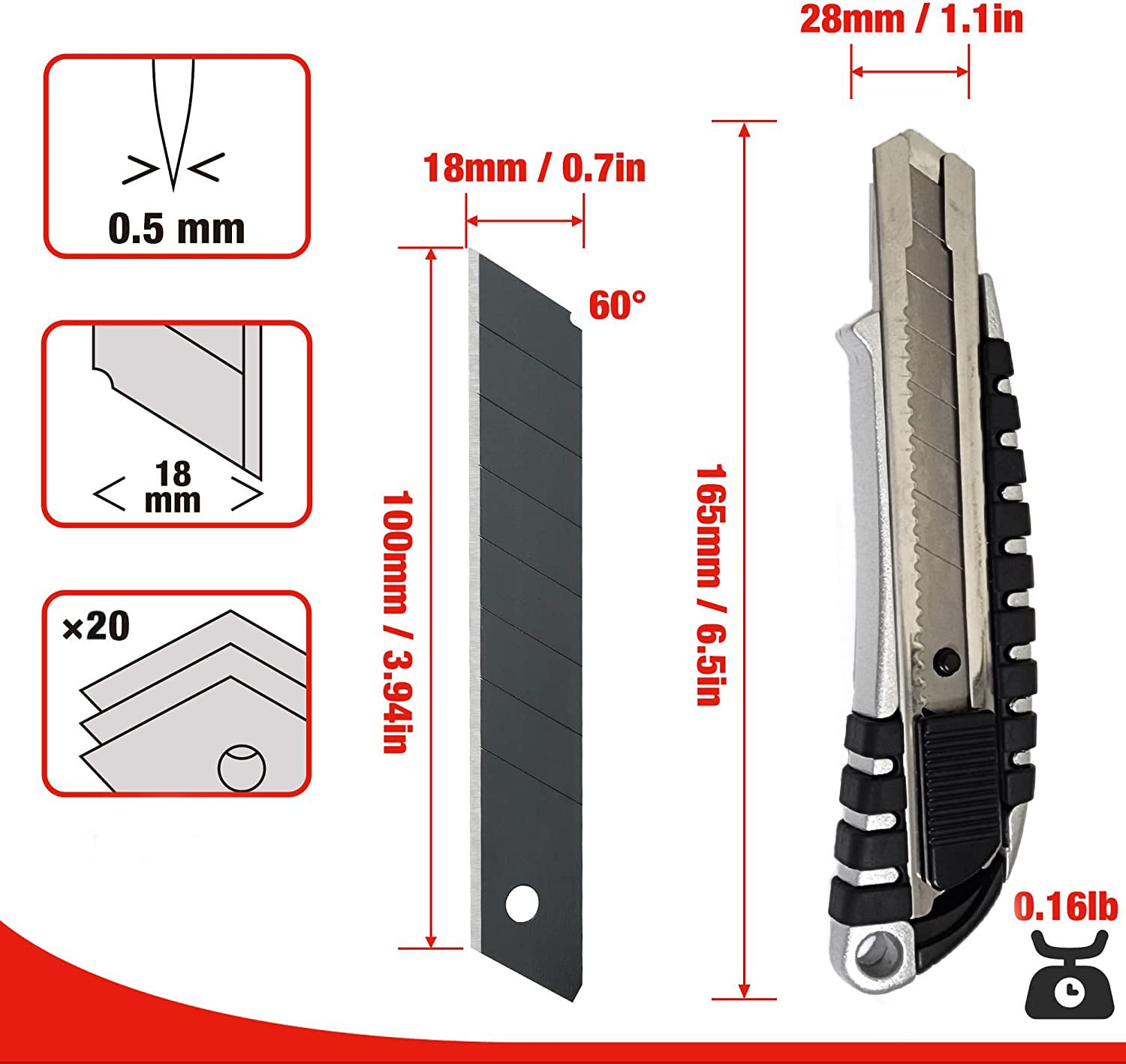 NESTER Utility Knife Retractable Box Cutter, 20 Blades(3/4" 18mm Wide Blade Cutter) Retractable, Compact, Extended Use for Construction, Heavy Duty, Office, Home, Arts, Crafts, Hobby