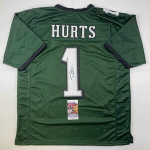 autographed/signed jalen hurts #1 philadelphia green football jersey jsa coa