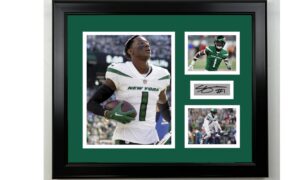 framed sauce gardner new york jets facsimile laser engraved signature football 15"x12" 3 photo collage