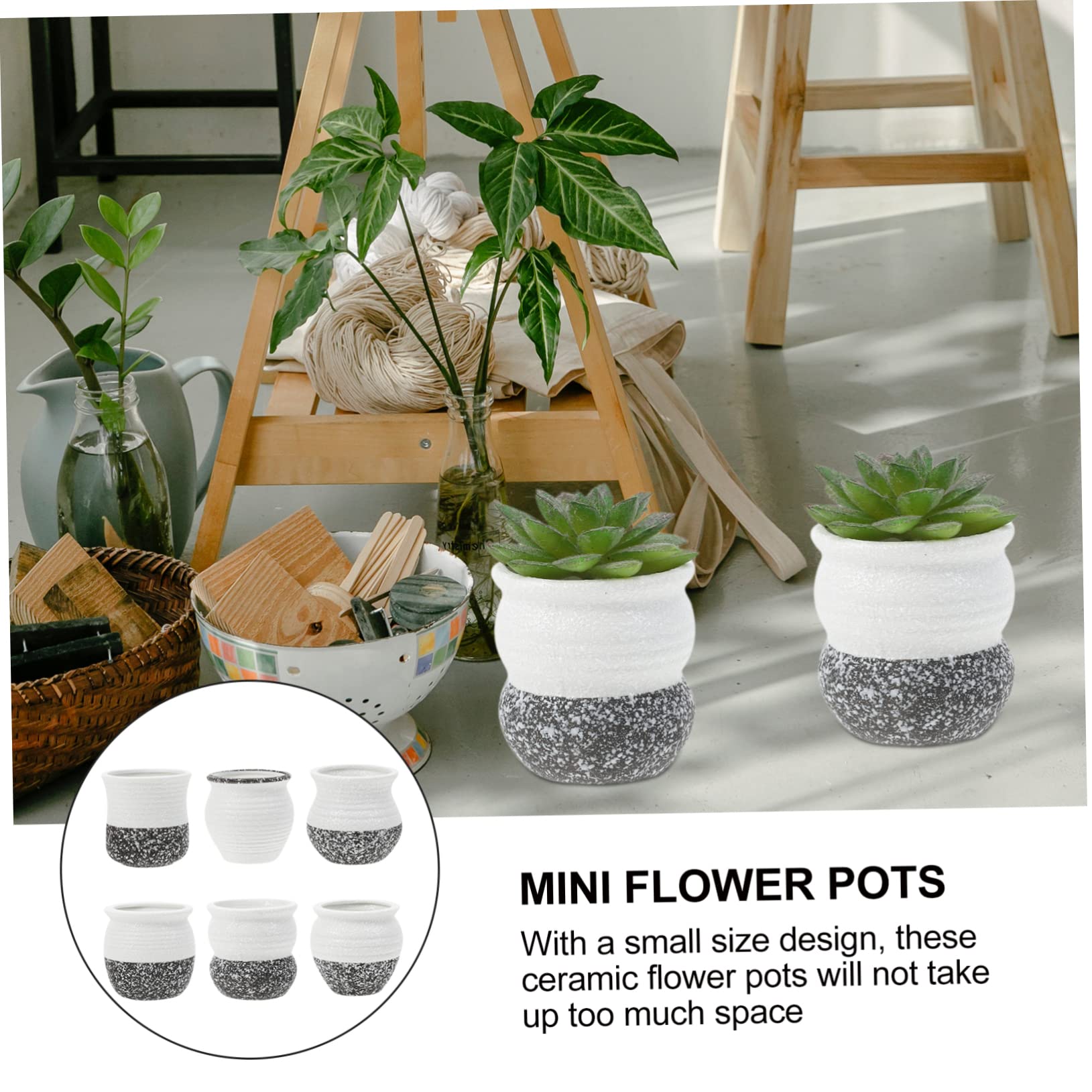 Yardenfun 6pcs White Planter Succulents Ceramic Office Adorable Flowers Containers Black Outdoor Glazed Garden for Porcelain Bonsai Balcony Nursery Pots with Tiny Mini Gardening