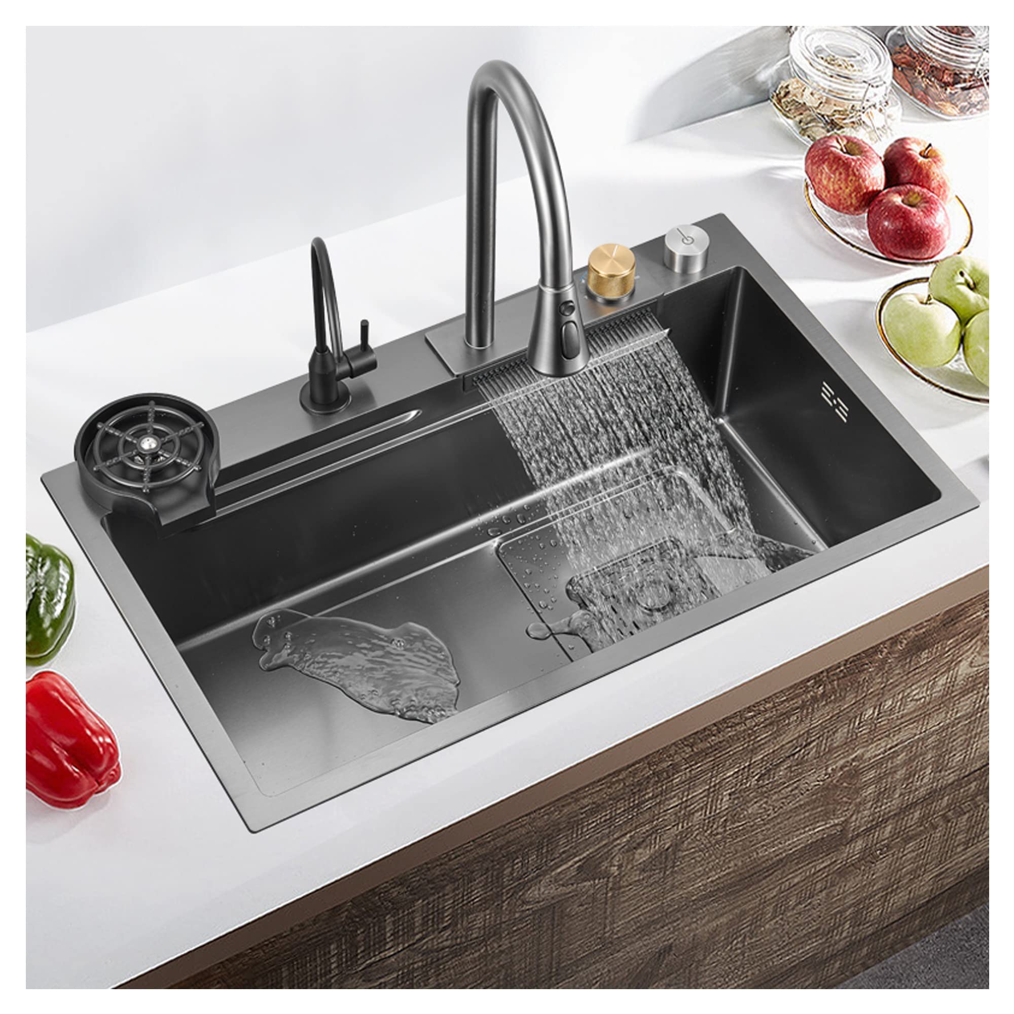 Black 304 Stainless Steel Kitchen Sink Nano Raindance Waterfall Countertop Sink Drop-in Or Undermount Utility Sinks for a Laundry Room Modern Bar Sink with Cup Washer Sinks and Pull-Out Faucet ( Size