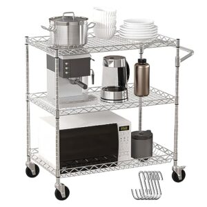 vevor kitchen utility cart, 3 tiers, wire rolling cart with 661 lbs capacity, steel service cart on wheels, metal storage trolley with 80 mm deep basket curved handle 6 hooks, nsf listed