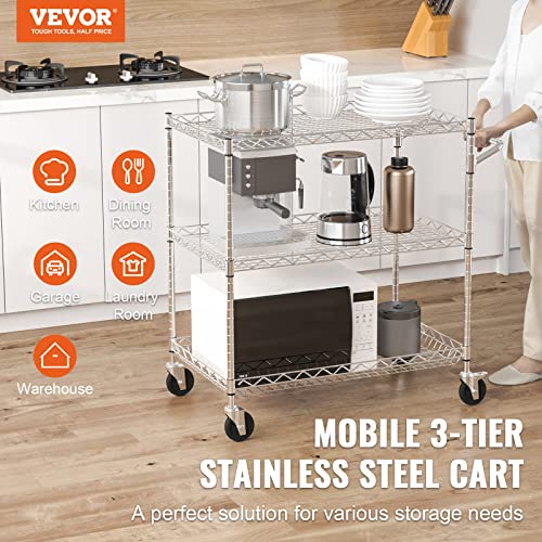 VEVOR Kitchen Utility Cart, 3 Tiers, Wire Rolling Cart with 661 LBS Capacity, Steel Service Cart on Wheels, Metal Storage Trolley with 80 mm Deep Basket Curved Handle 6 Hooks, NSF Listed
