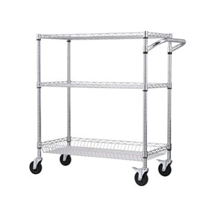 VEVOR Kitchen Utility Cart, 3 Tiers, Wire Rolling Cart with 661 LBS Capacity, Steel Service Cart on Wheels, Metal Storage Trolley with 80 mm Deep Basket Curved Handle PP Liner 6 Hooks, NSF Listed